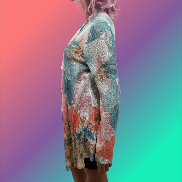 Y2K Sheer Long Textured Knit Cardigan Size M Fairycore Floral Turquoise Coral - Picture 5 of 6